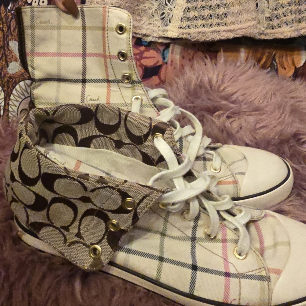Coach Women's Plaid High-Top Sneakers - Cream and Brown